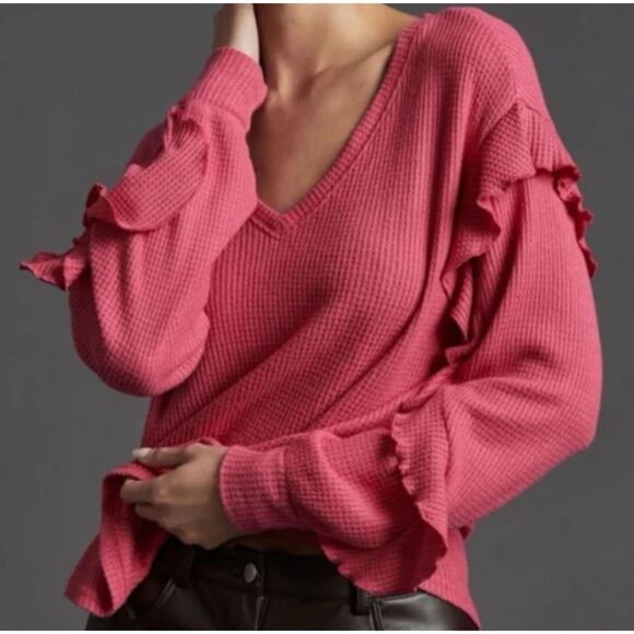 Anthropologie Pilcro Ruffle Sleeve Waffle Knit Sweater Size Medium - Picture 1 of 8